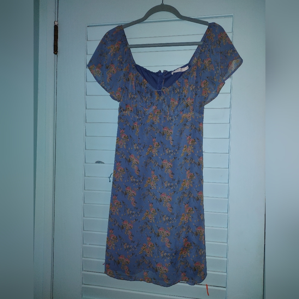Lush off the shoulder blue milkmaid floral lined dress size large